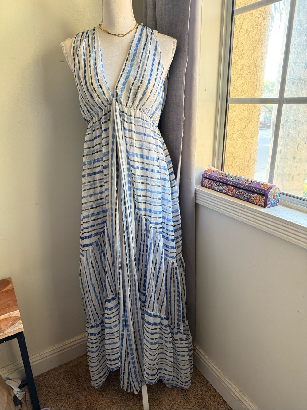 Misa Los Angeles White and Blue Striped V‑Neck Maxi Dress